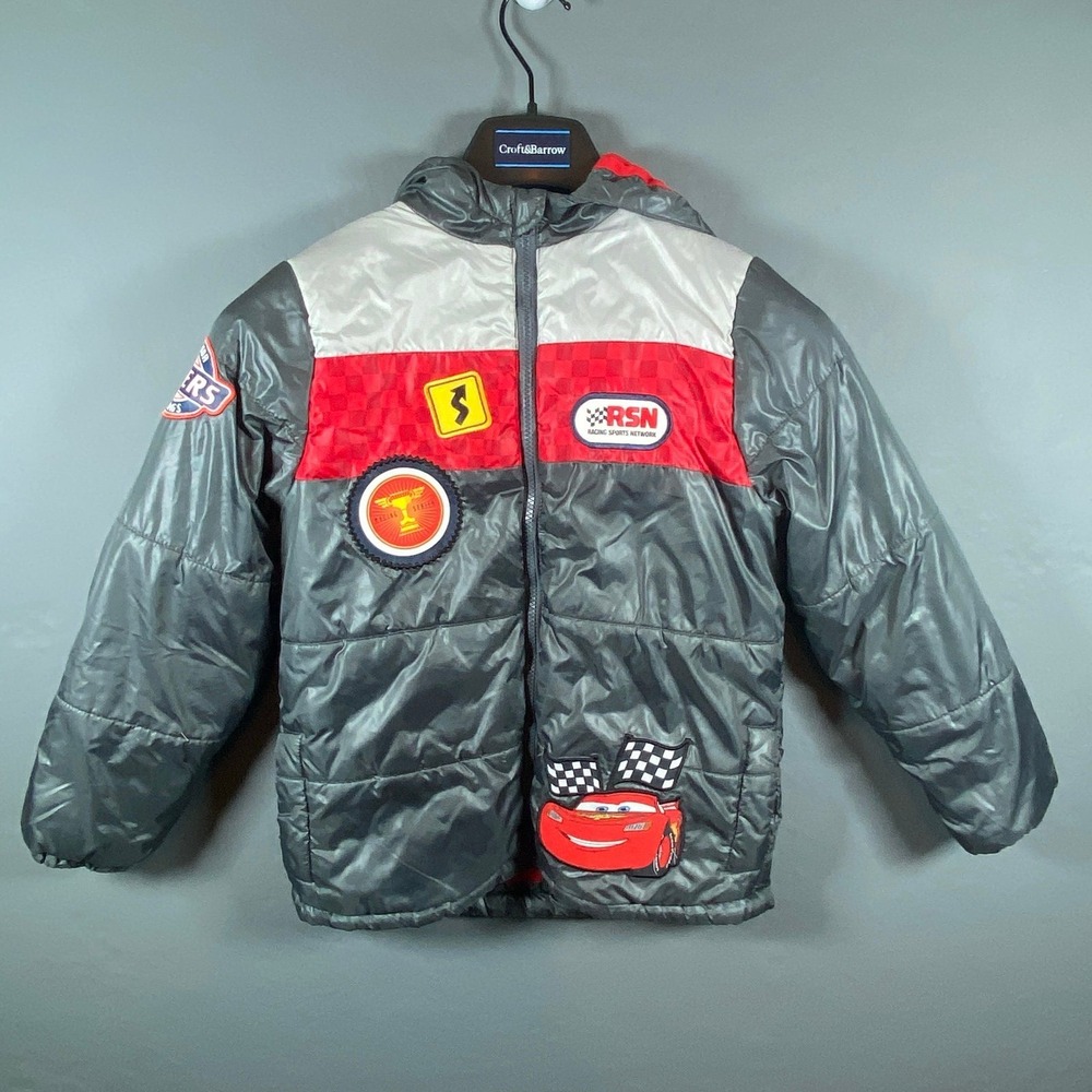 Disney Pixar Cars Lightning McQueen Boys Puffer‎ Jacket Coat Size 9/10 Gray